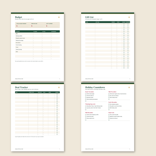 Inside pages: Budget, Gift List, Deal Tracker and Holiday Countdown