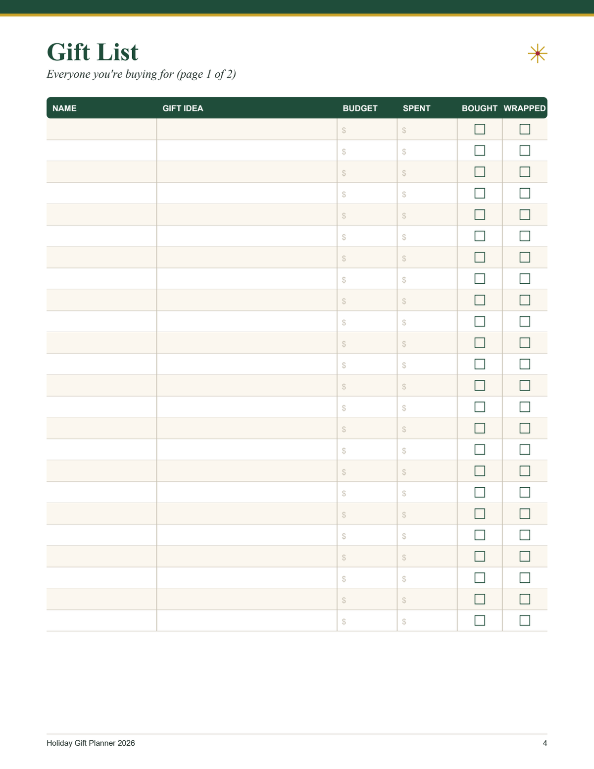 Gift List page with budget, spent, bought and wrapped columns