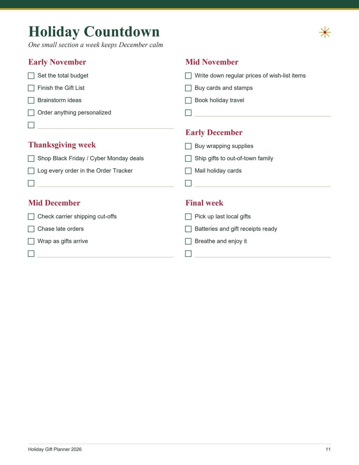 Holiday Countdown week-by-week checklist